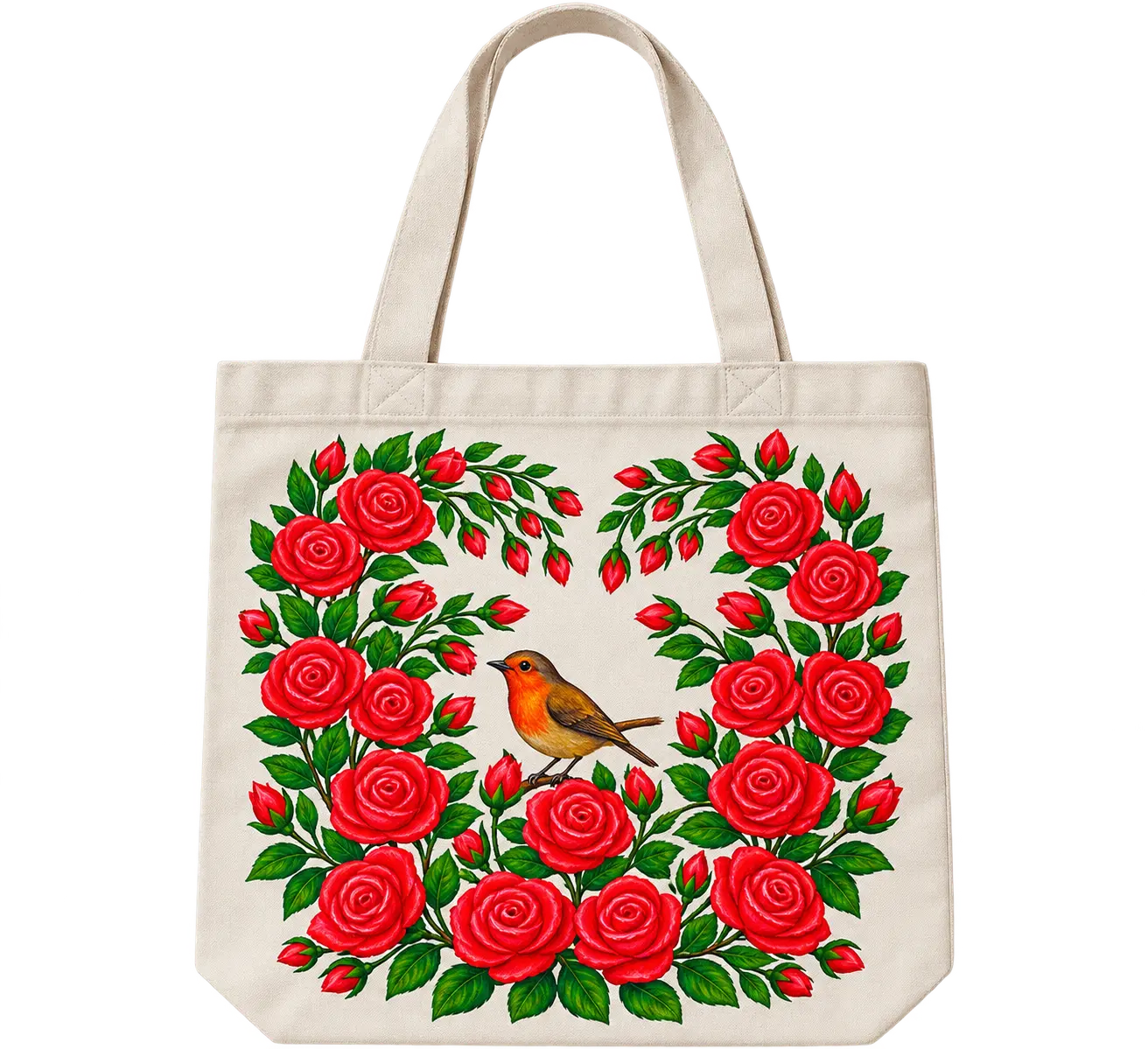 Rosebird Heart hand-painted canvas tote bag