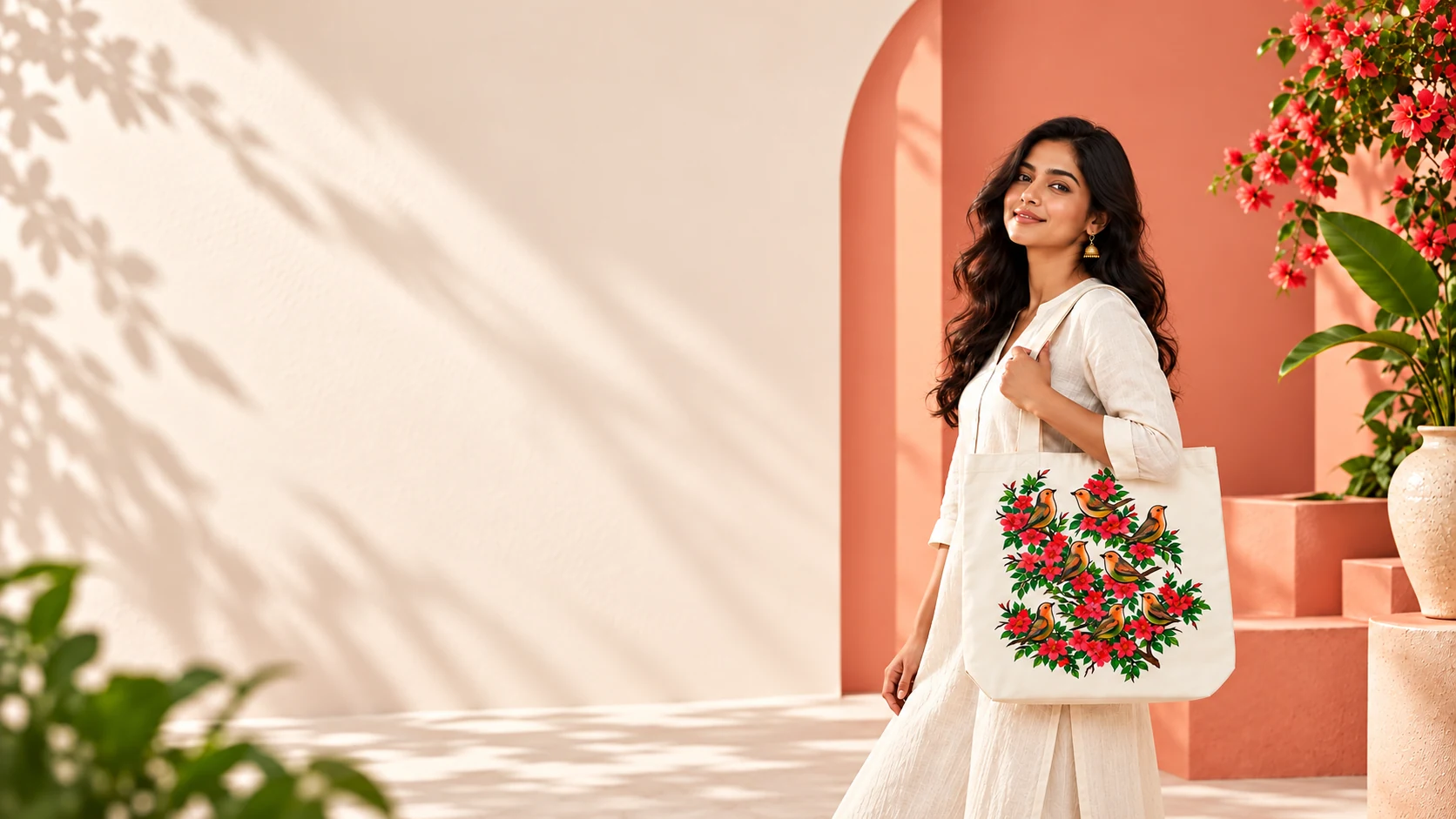 Woman carrying a Pratipol hand-painted floral canvas bag